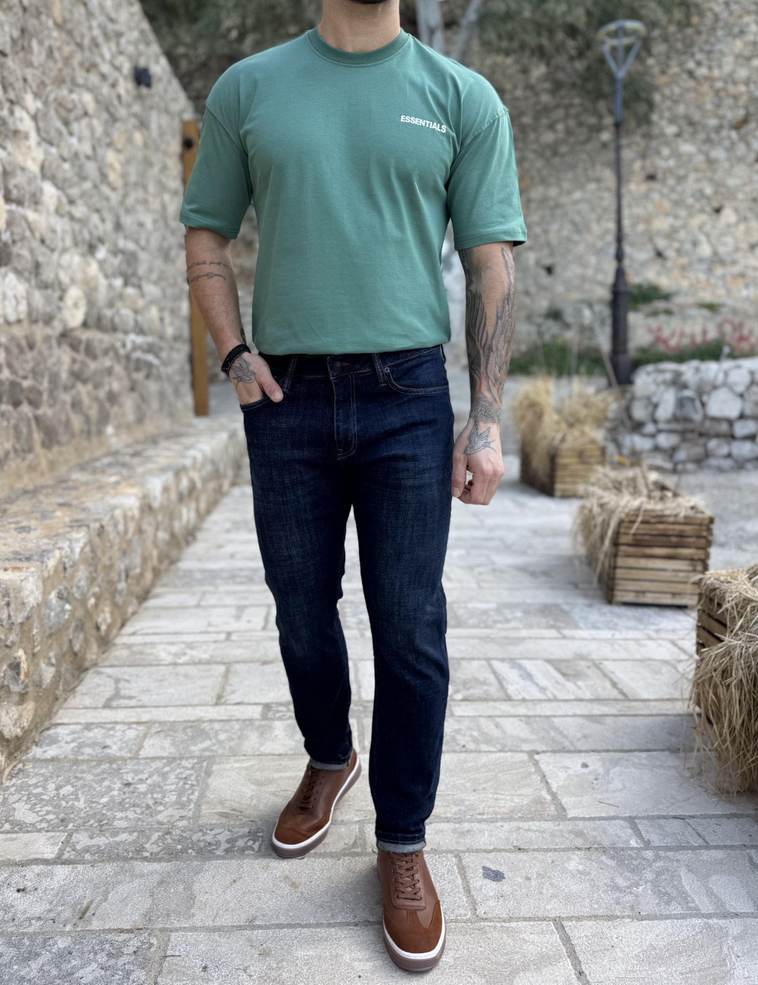 Ανδρικό σκούρο μπλε ξεβαμμένο τζιν ελαστικό GB5723 φωτογραφία